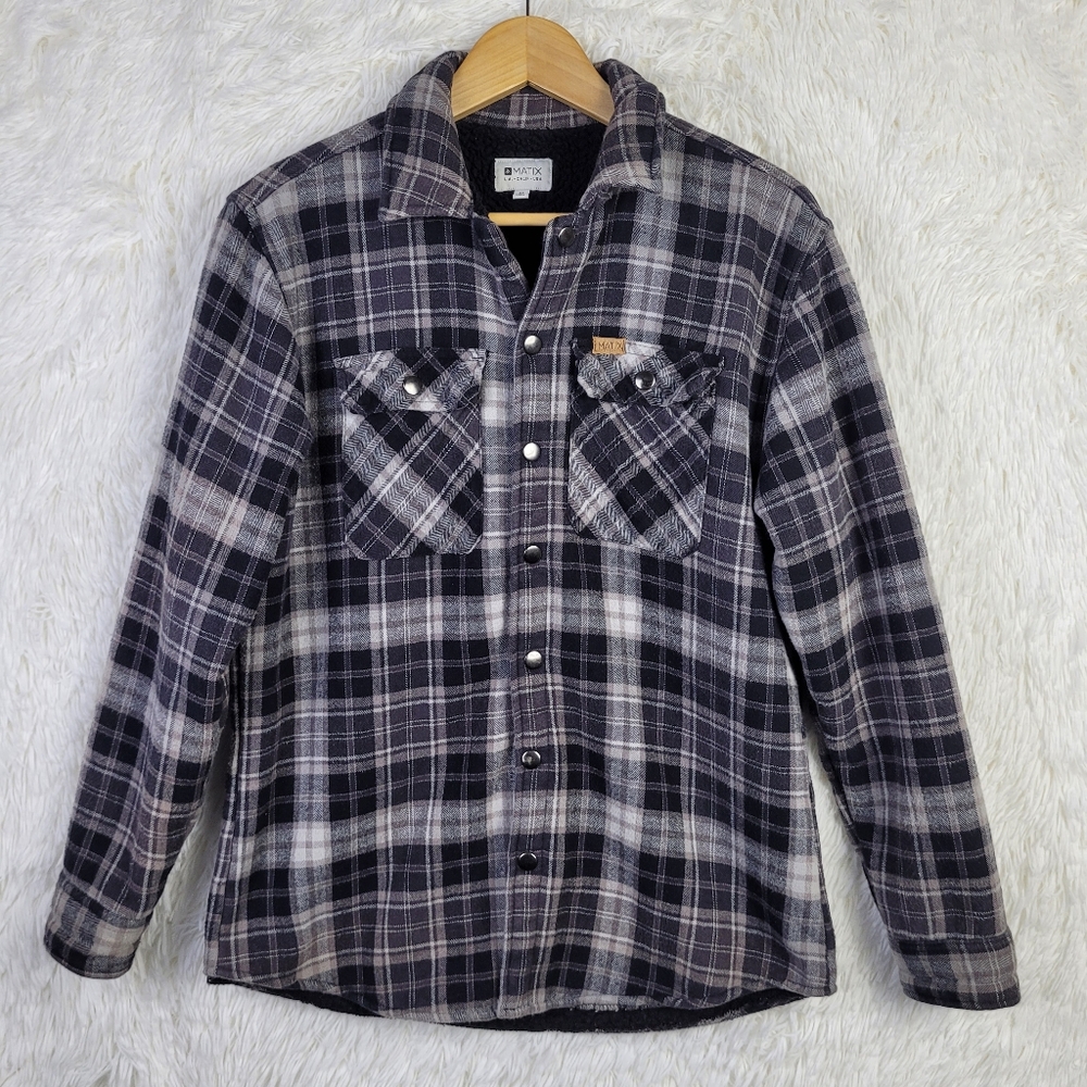 Matix Mens M Gray‎ Plaid Sherpa Fleece Lined Snap Flannel Shirt Jacket Shacket